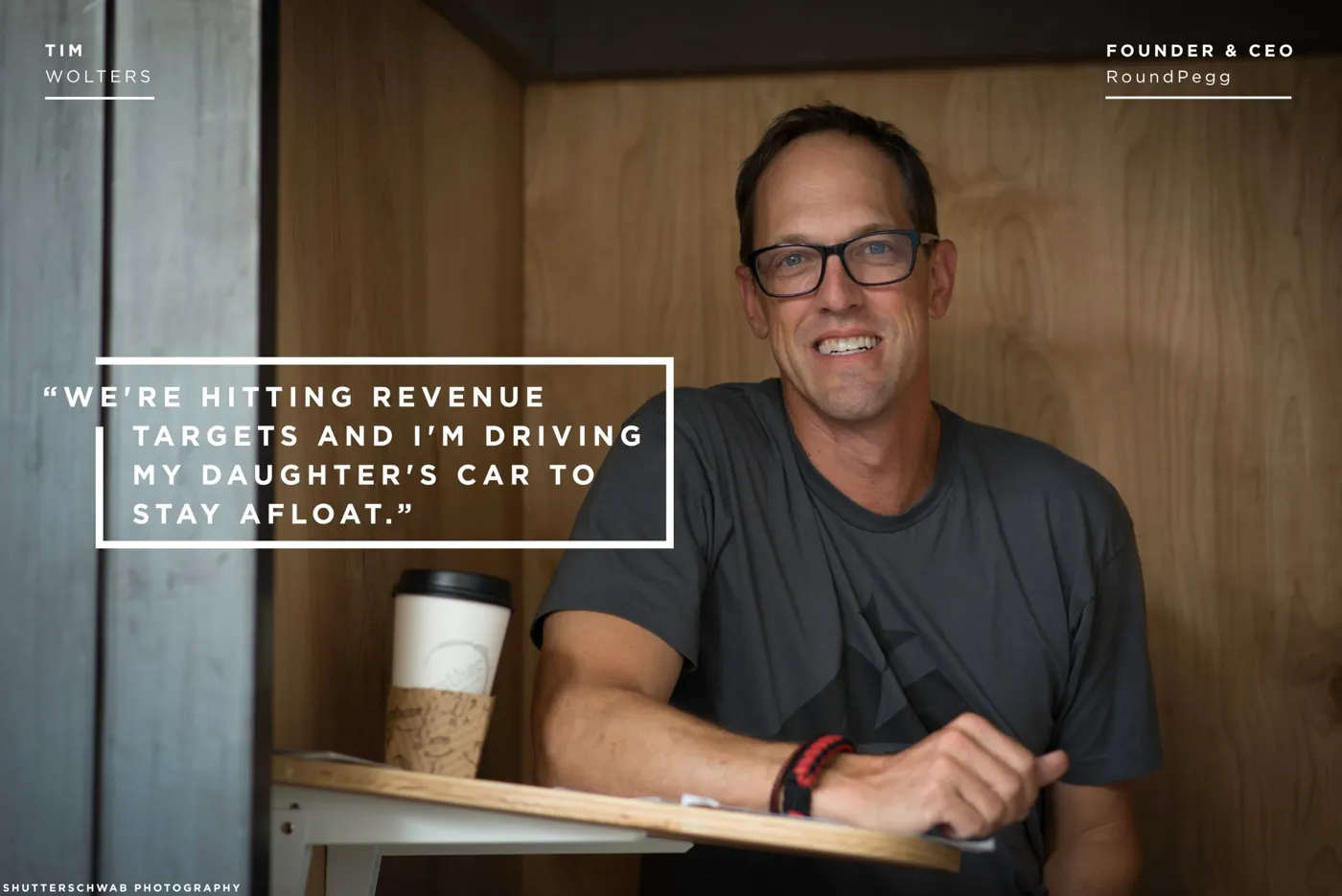 Impact Founder exhibit portrait of Tim Wolters, founder and CEO of RoundPegg, with his quote: We're hitting revenue targets and I'm driving my daughter's car to stay afloat.